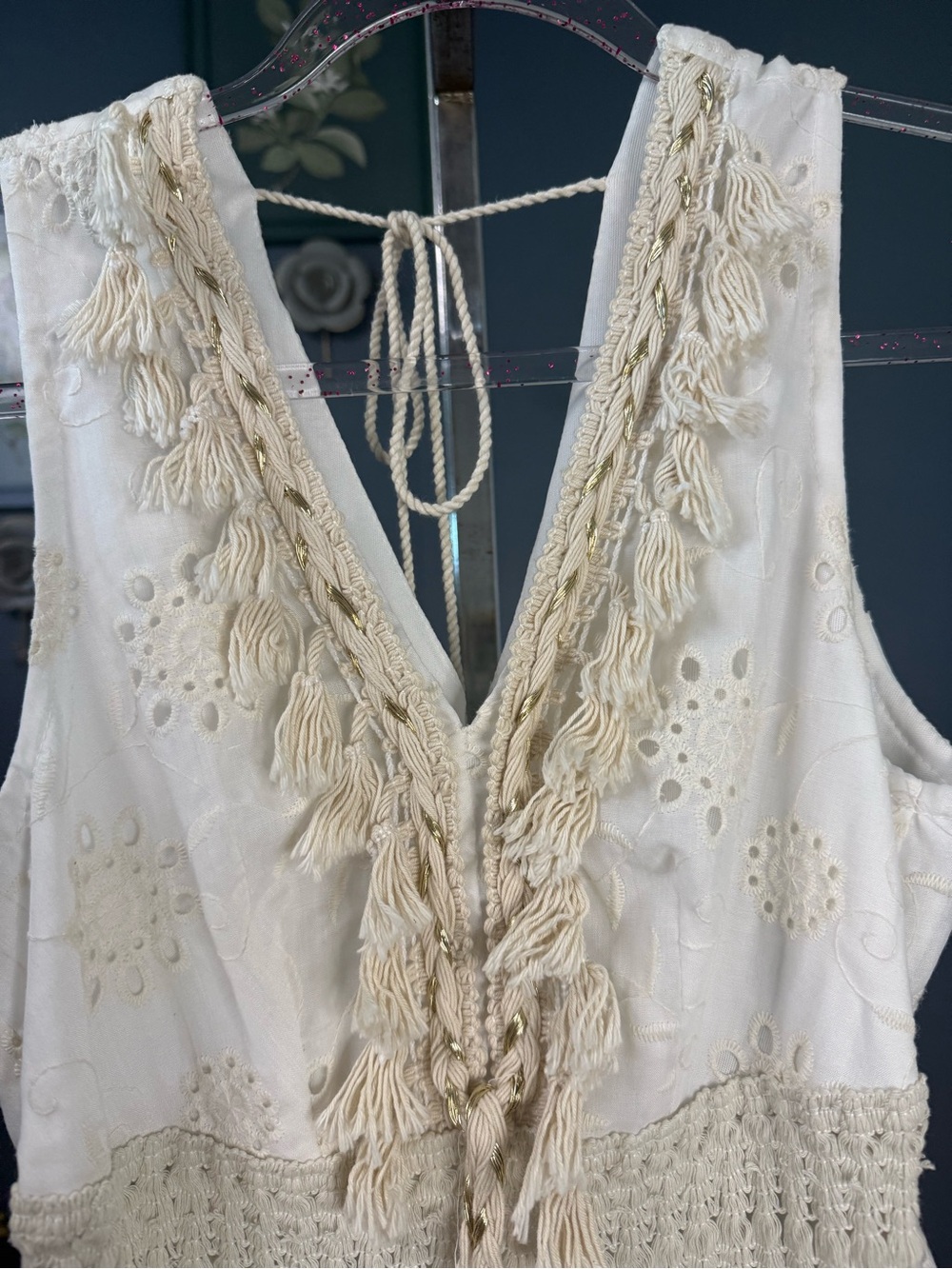 Women’s Cream Eyelet Bohemian Maxi Dress with Crochet  Size: Medium Preloved - Picture 5 of 13